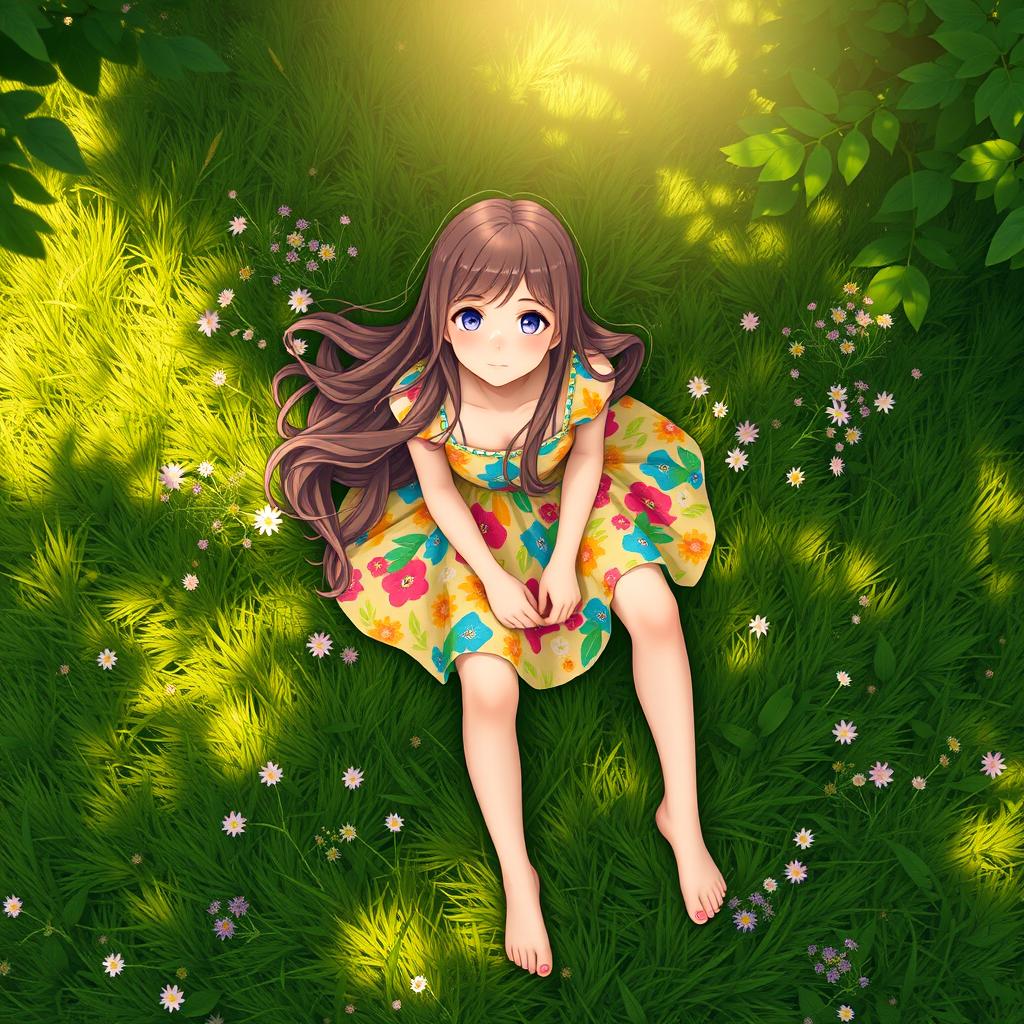 A top-down view of a girl sitting on a lush green grass field