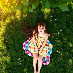 A top-down view of a girl sitting on a lush green grass field