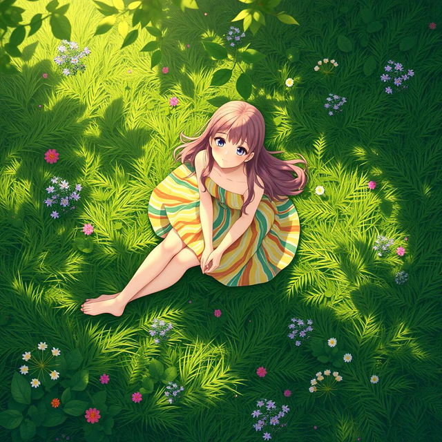 A top-down view of a girl sitting on a lush green grass field