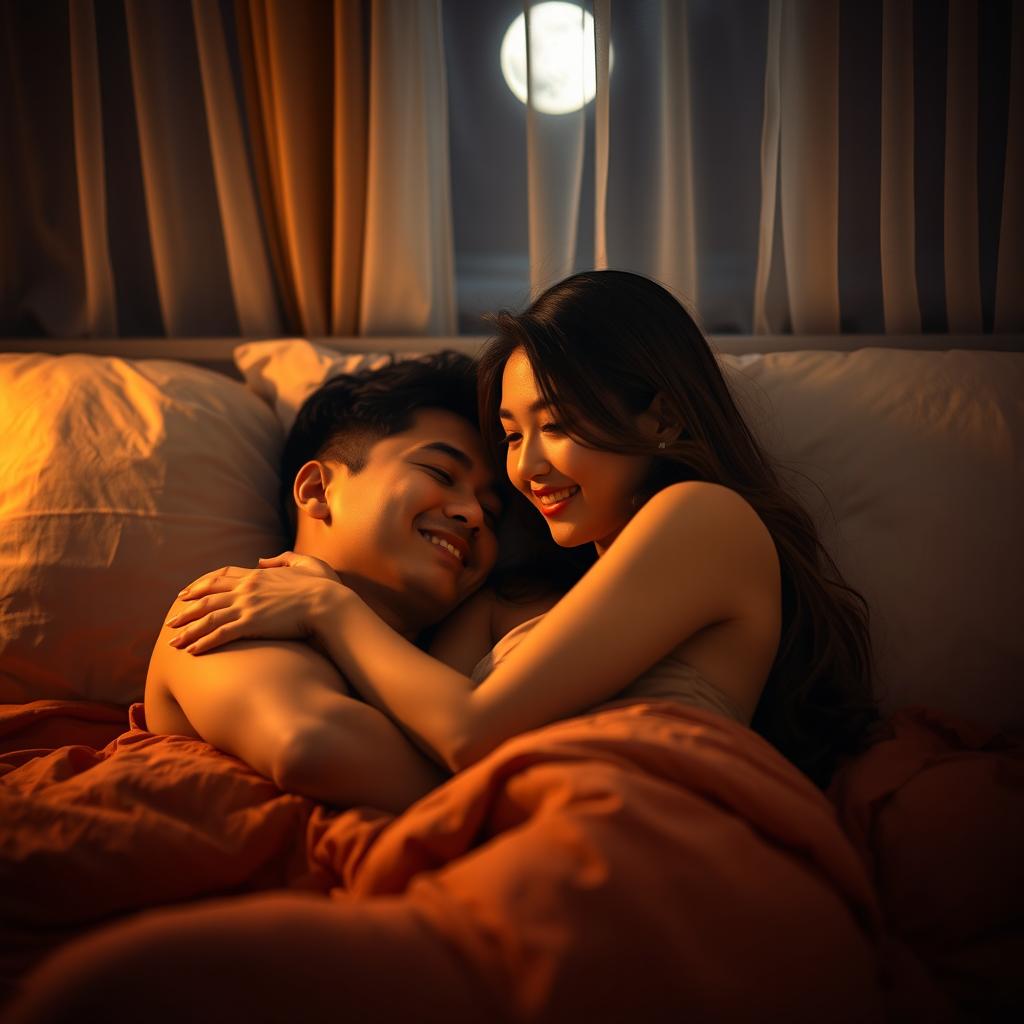 A young Chinese man lying in bed at night, tenderly hugging his beautiful and sexy wife