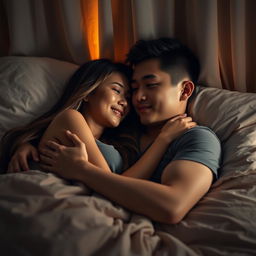 A young Chinese man lying in bed at night, tenderly hugging his beautiful and sexy wife