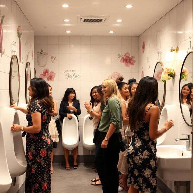 A busy women's restroom scene featuring women using female urinals