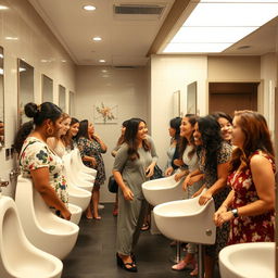 A busy women's restroom scene featuring women using female urinals