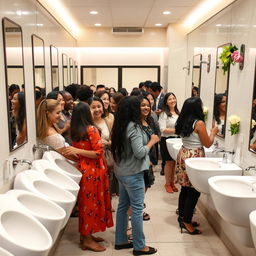 A busy women's restroom scene featuring women using female urinals