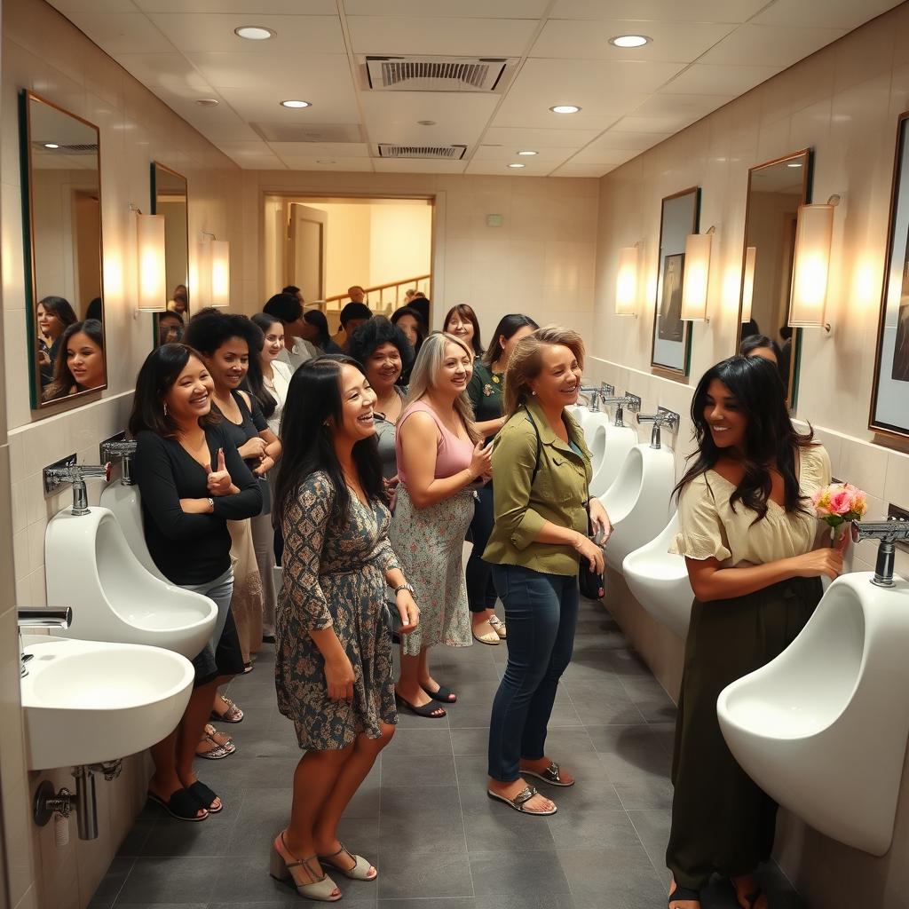 A busy women's restroom scene featuring women using female urinals