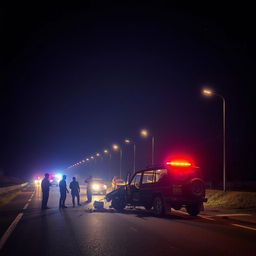 A somber scene depicting a nighttime road illuminated by flashing police lights, highlighting the aftermath of a tragic road accident involving an Indian police vehicle