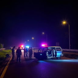 A somber scene depicting a nighttime road illuminated by flashing police lights, highlighting the aftermath of a tragic road accident involving an Indian police vehicle