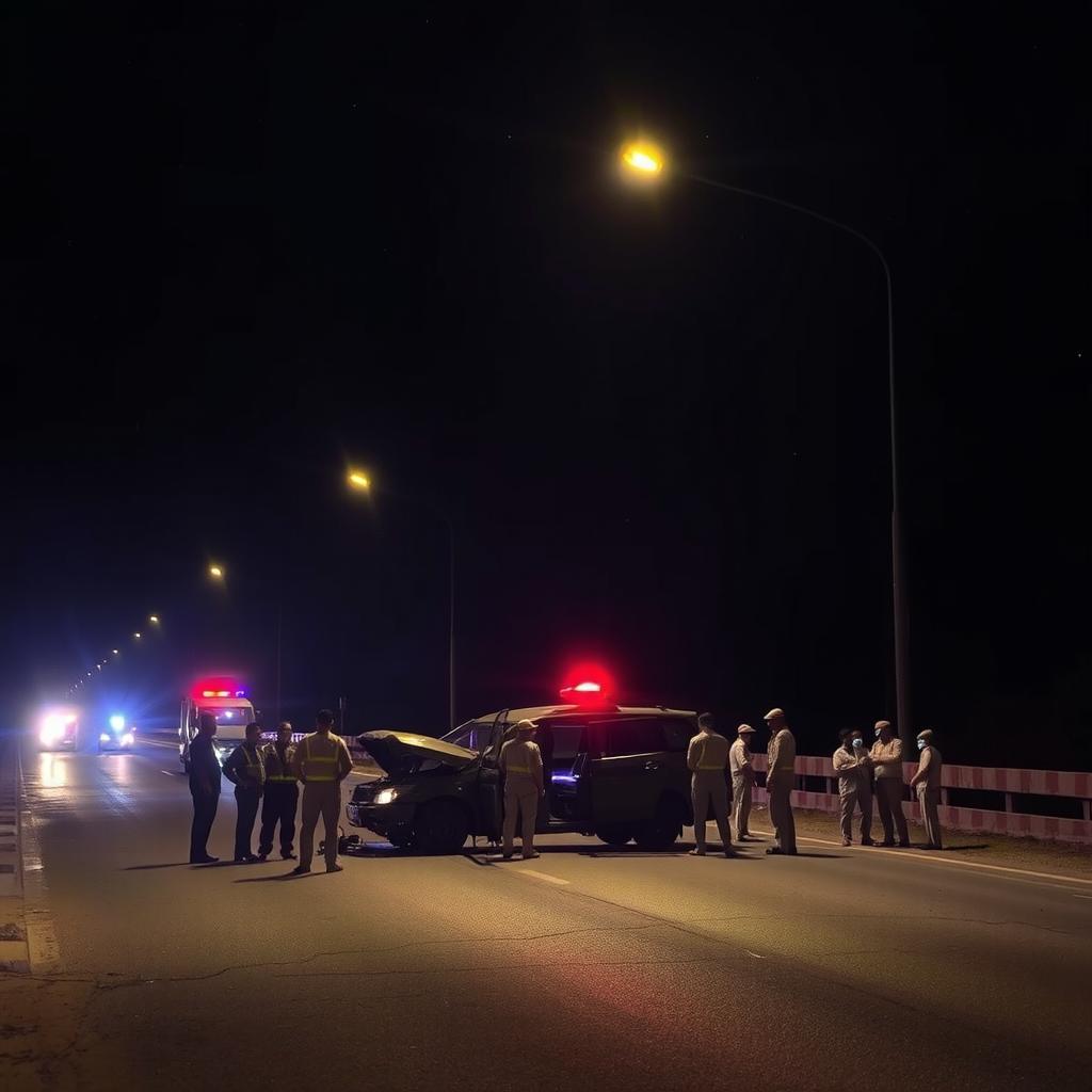 A somber scene depicting a nighttime road illuminated by flashing police lights, highlighting the aftermath of a tragic road accident involving an Indian police vehicle