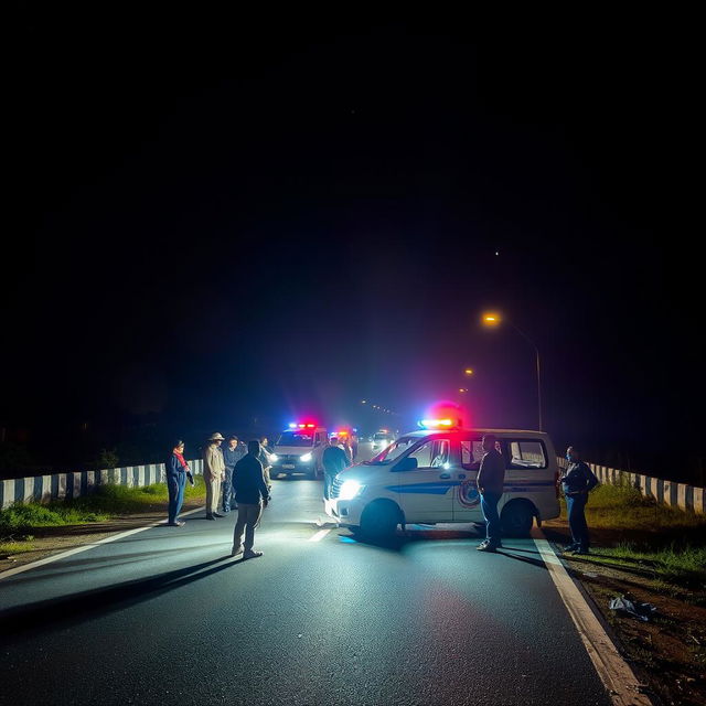 A somber scene depicting a nighttime road illuminated by flashing police lights, highlighting the aftermath of a tragic road accident involving an Indian police vehicle