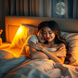 A young Chinese man lying in bed at night, lovingly hugging his beautiful wife