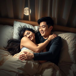 A young Chinese man lying in bed at night, lovingly hugging his beautiful wife