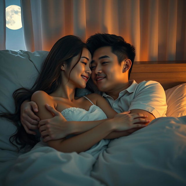 A young Chinese man lying in bed at night, lovingly hugging his beautiful wife