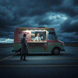 A desolate parking lot where a colorful ice cream truck is parked under a gloomy sky