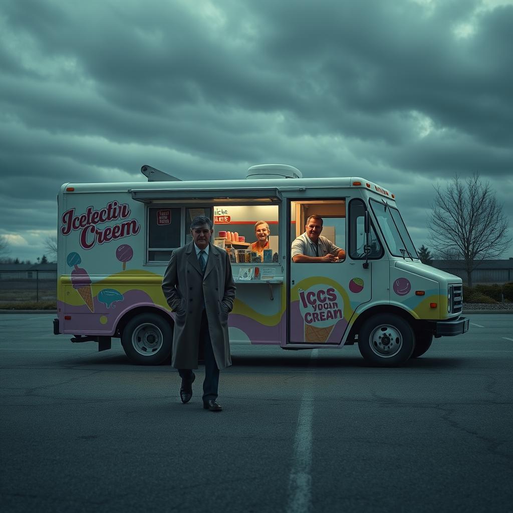 A desolate parking lot where a colorful ice cream truck is parked under a gloomy sky