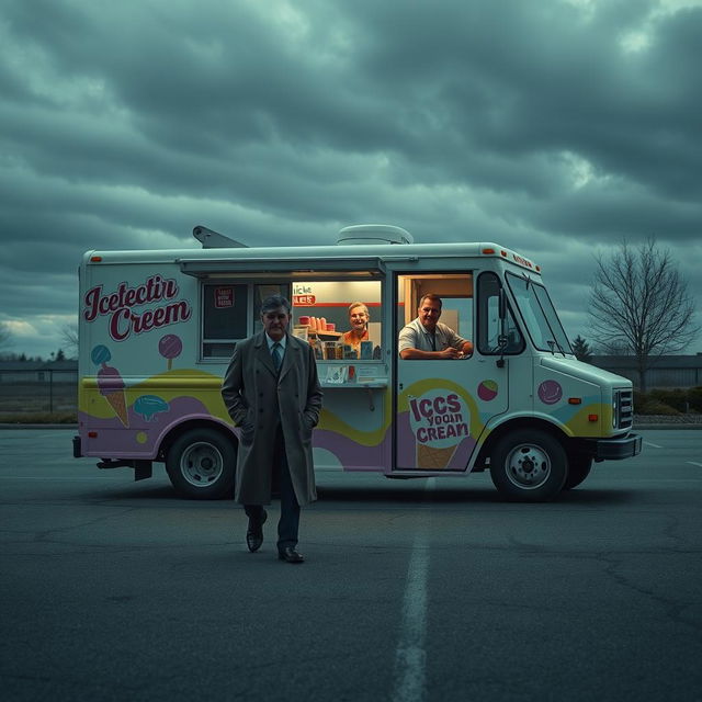 A desolate parking lot where a colorful ice cream truck is parked under a gloomy sky