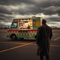 A desolate parking lot where a colorful ice cream truck is parked under a gloomy sky