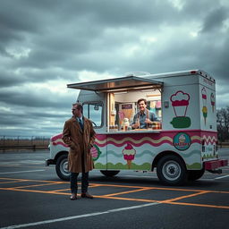A desolate parking lot where a colorful ice cream truck is parked under a gloomy sky