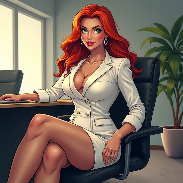 A comic book styled illustration of a beautiful, curvy, and voluptuous woman with long flame red hair, captivating green eyes, and an alluring smile