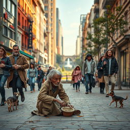 A scene depicting a city street bustling with life, where a beggar, wearing tattered clothes, sits on the sidewalk with a weary expression, holding a faded hat for coins
