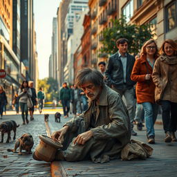 A scene depicting a city street bustling with life, where a beggar, wearing tattered clothes, sits on the sidewalk with a weary expression, holding a faded hat for coins