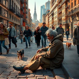 A scene depicting a city street bustling with life, where a beggar, wearing tattered clothes, sits on the sidewalk with a weary expression, holding a faded hat for coins