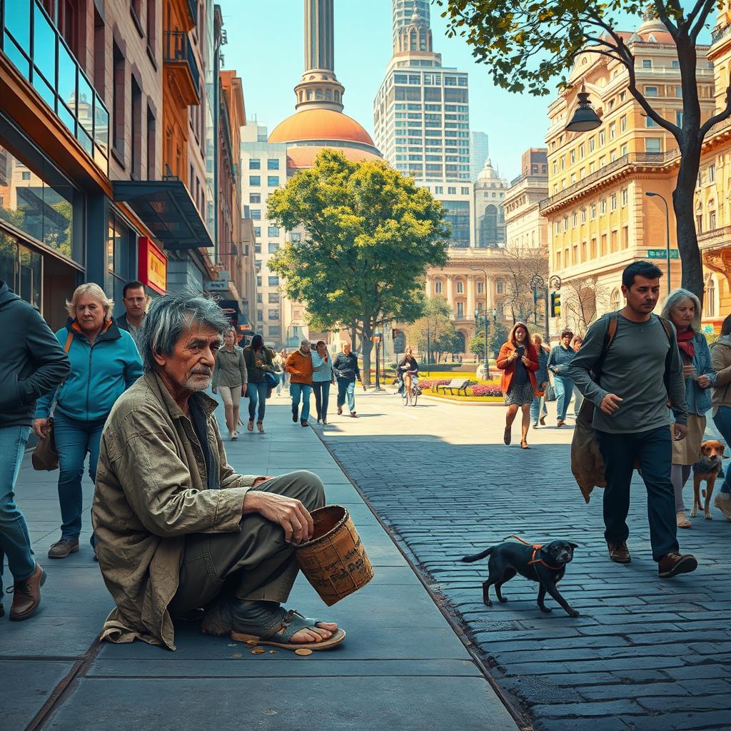 A scene depicting a city street bustling with life, where a beggar, wearing tattered clothes, sits on the sidewalk with a weary expression, holding a faded hat for coins