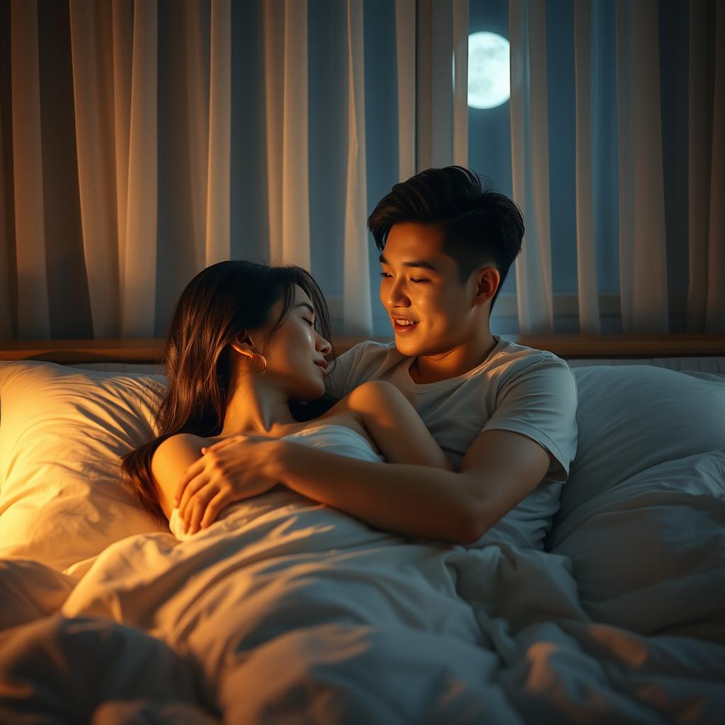 A young Chinese man lying in bed at night, gently hugging his beautiful wife