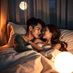 A young Chinese man lying in bed at night, gently hugging his beautiful wife
