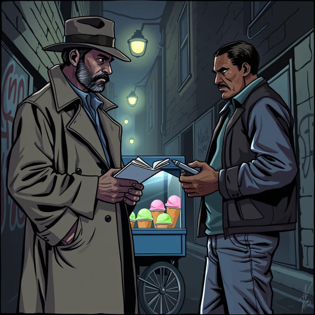 A tense interaction between Detective Carter and Victor Adams in a dimly lit urban environment