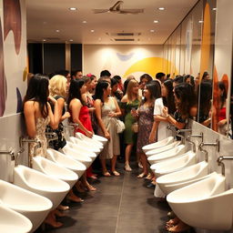 A busy women's restroom featuring long, narrow female urinals positioned against the walls