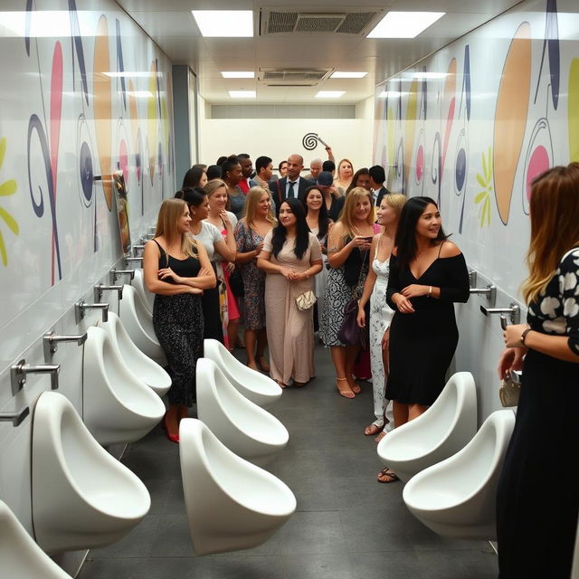 A busy women's restroom featuring long, narrow female urinals positioned against the walls