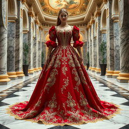A regal princess dress inspired by Italian fashion, featuring elegant lace and intricate embroidery