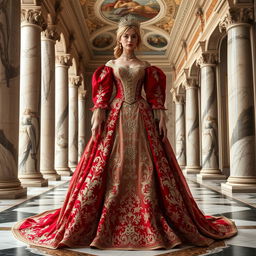 A regal princess dress inspired by Italian fashion, featuring elegant lace and intricate embroidery
