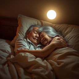 An elderly Chinese man lying in bed at night, tenderly hugging his beautiful wife