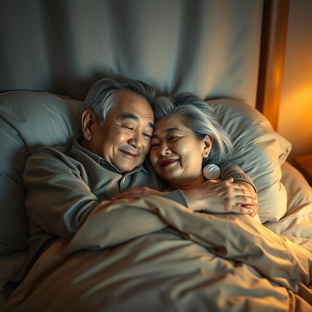 An elderly Chinese man lying in bed at night, tenderly hugging his beautiful wife