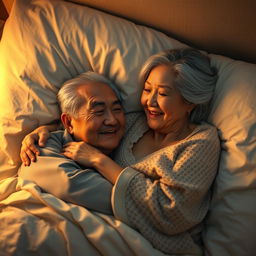 An elderly Chinese man lying in bed at night, tenderly hugging his beautiful wife