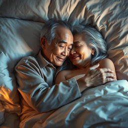 An elderly Chinese man lying in bed at night, tenderly hugging his beautiful wife