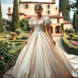 A beautiful Italian-inspired princess dress, featuring luxurious fabrics like silk and lace