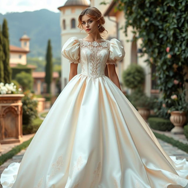 A beautiful Italian-inspired princess dress, featuring luxurious fabrics like silk and lace