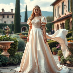 A beautiful Italian-inspired princess dress, featuring luxurious fabrics like silk and lace