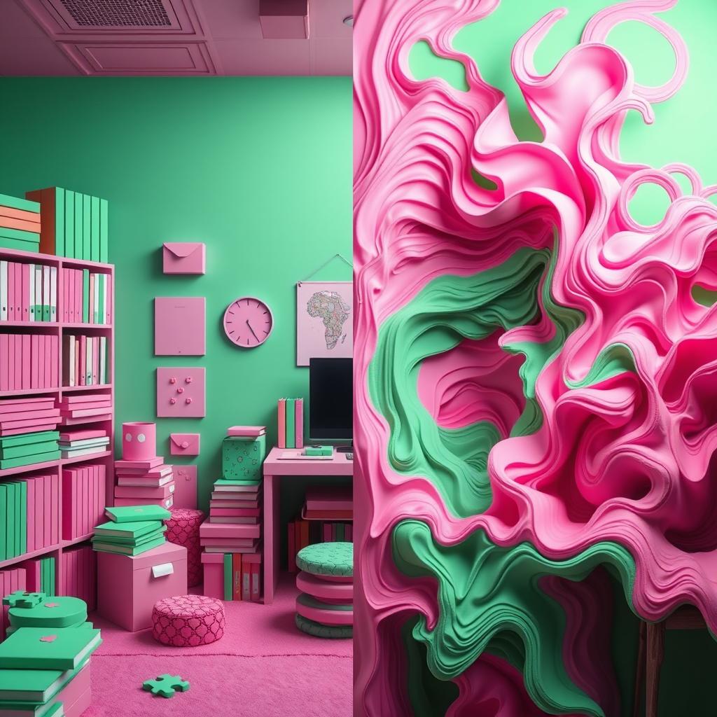 A visually captivating escape room scene that embodies themes of OCD (Obsessive-Compulsive Disorder) and bipolar disorder through a vibrant color palette of pink and green