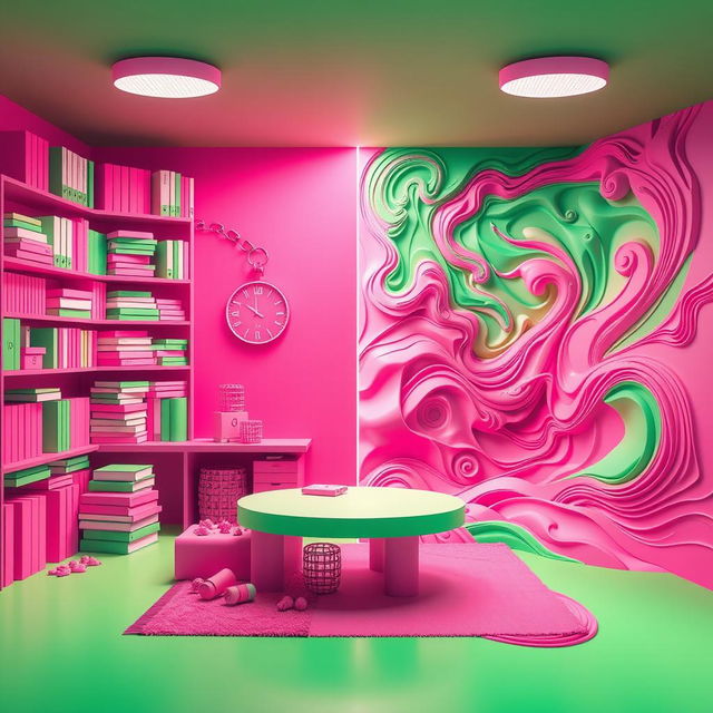 A visually captivating escape room scene that embodies themes of OCD (Obsessive-Compulsive Disorder) and bipolar disorder through a vibrant color palette of pink and green