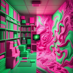 A visually captivating escape room scene that embodies themes of OCD (Obsessive-Compulsive Disorder) and bipolar disorder through a vibrant color palette of pink and green