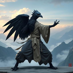 A majestic raven aarakocra monk, showcasing an ethereal and noble appearance