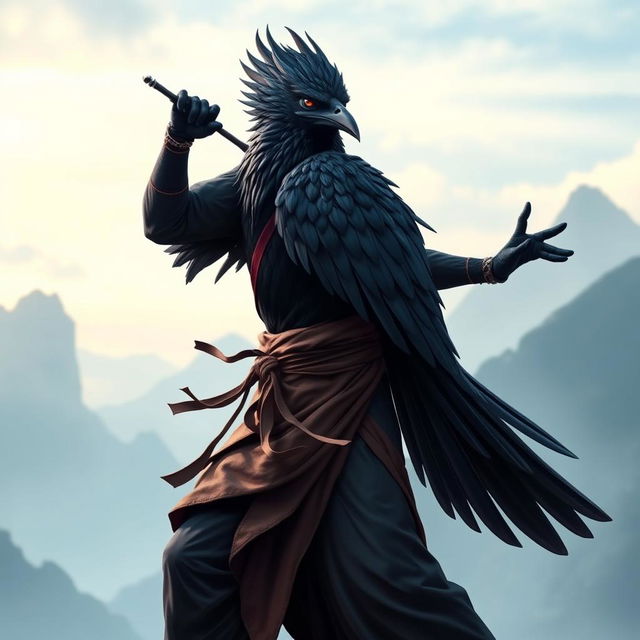 A majestic raven aarakocra monk, showcasing an ethereal and noble appearance