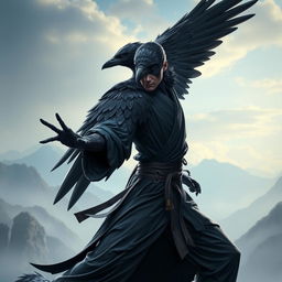 A majestic raven aarakocra monk, showcasing an ethereal and noble appearance