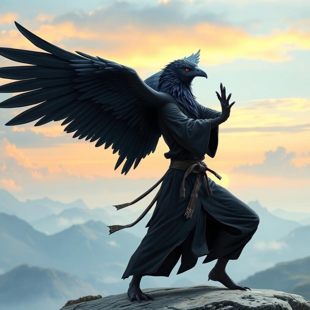 A majestic raven aarakocra monk, showcasing an ethereal and noble appearance