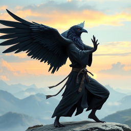A majestic raven aarakocra monk, showcasing an ethereal and noble appearance