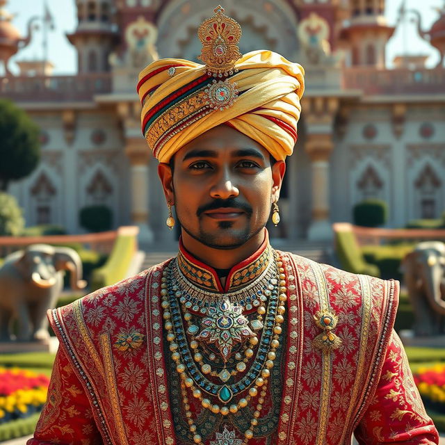 A majestic Indian royal prince dressed in an ornate traditional outfit, featuring intricate embroidery and rich, vivid colors