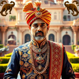 A majestic Indian royal prince dressed in an ornate traditional outfit, featuring intricate embroidery and rich, vivid colors